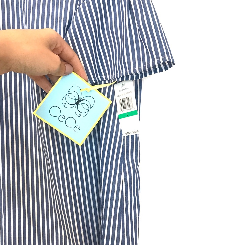 NWT CECE Blue Striped Blouse Short Sleeve Top L - Picture 4 of 5